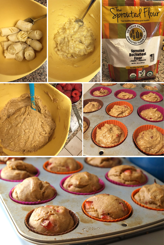 preparing the peanut butter and jelly muffin batter and pouring it into a muffin tin