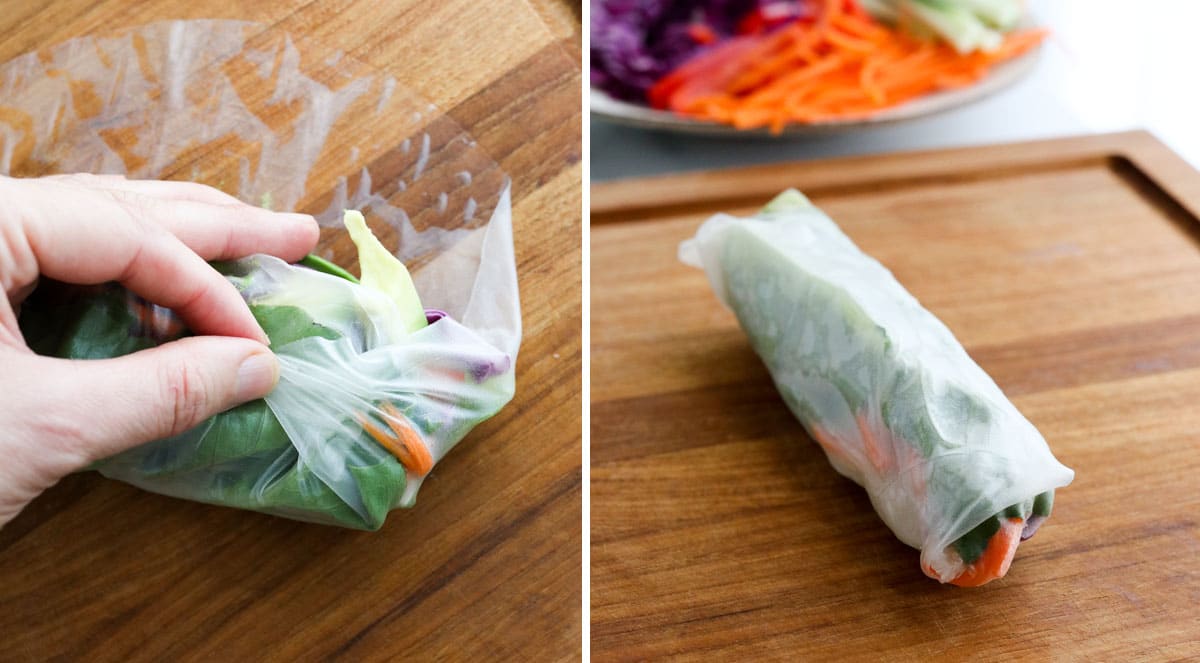 spring roll rolled up on cutting board