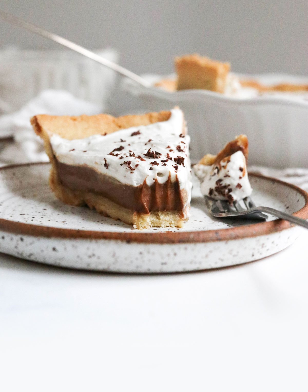 vegan french silk pie slice on plate