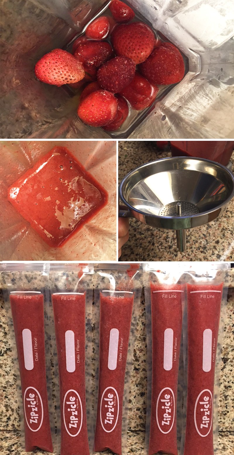 preparing strawberry homemade ice pops