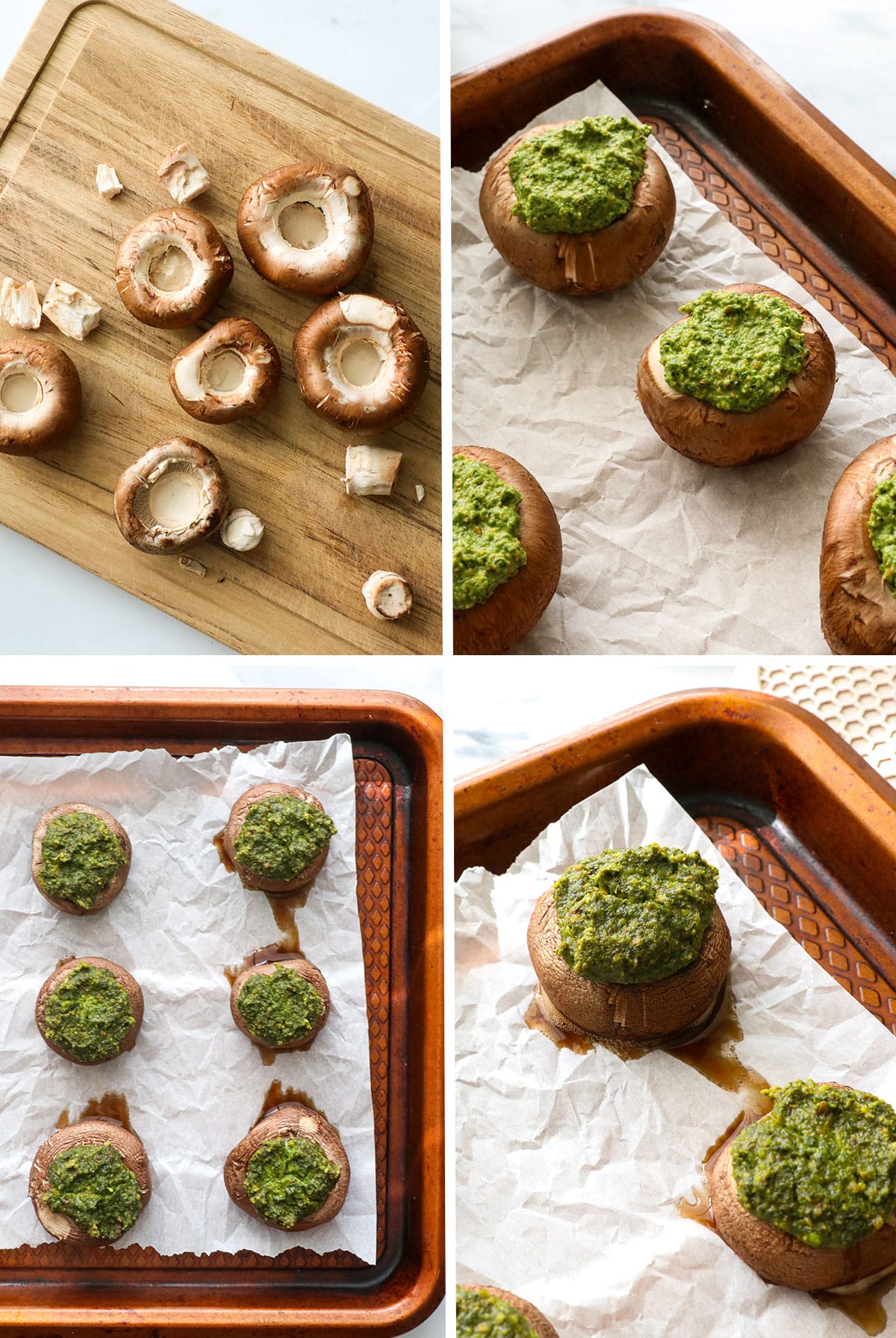 mushroom stems removed on cutting board and stuffed with pesto and baked on pan.