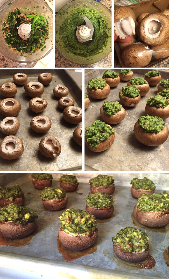 preparing pesto in a food processor and stuffing the mushrooms with pesto
