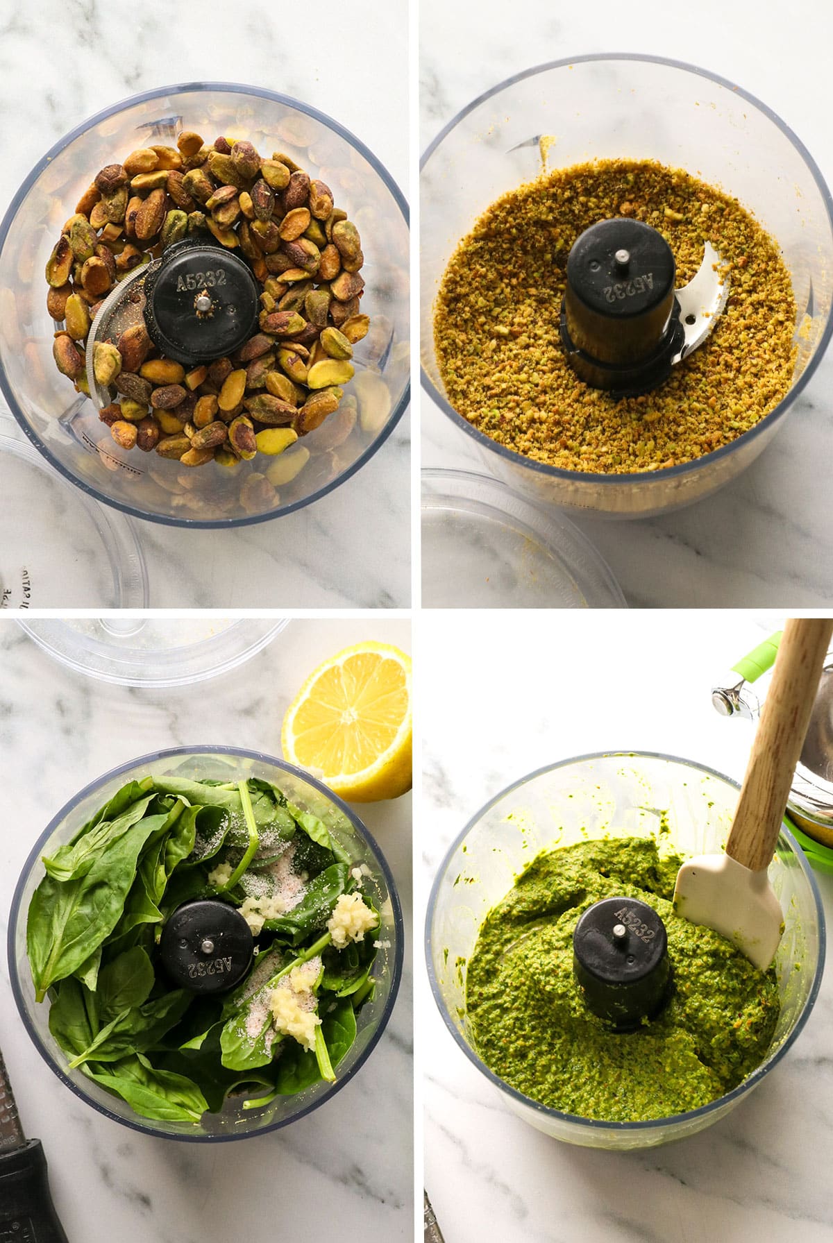 pistachios grounded into pesto in a mini food chopper.