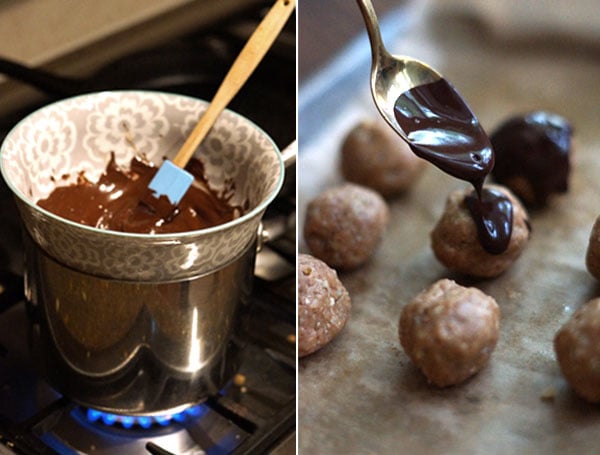 covering the peanut butter balls with chocolate