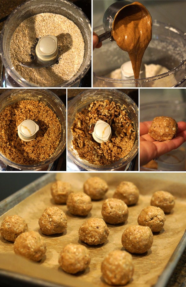 making peanut butter balls in a food processor, rolling them, and placing them onto a pan