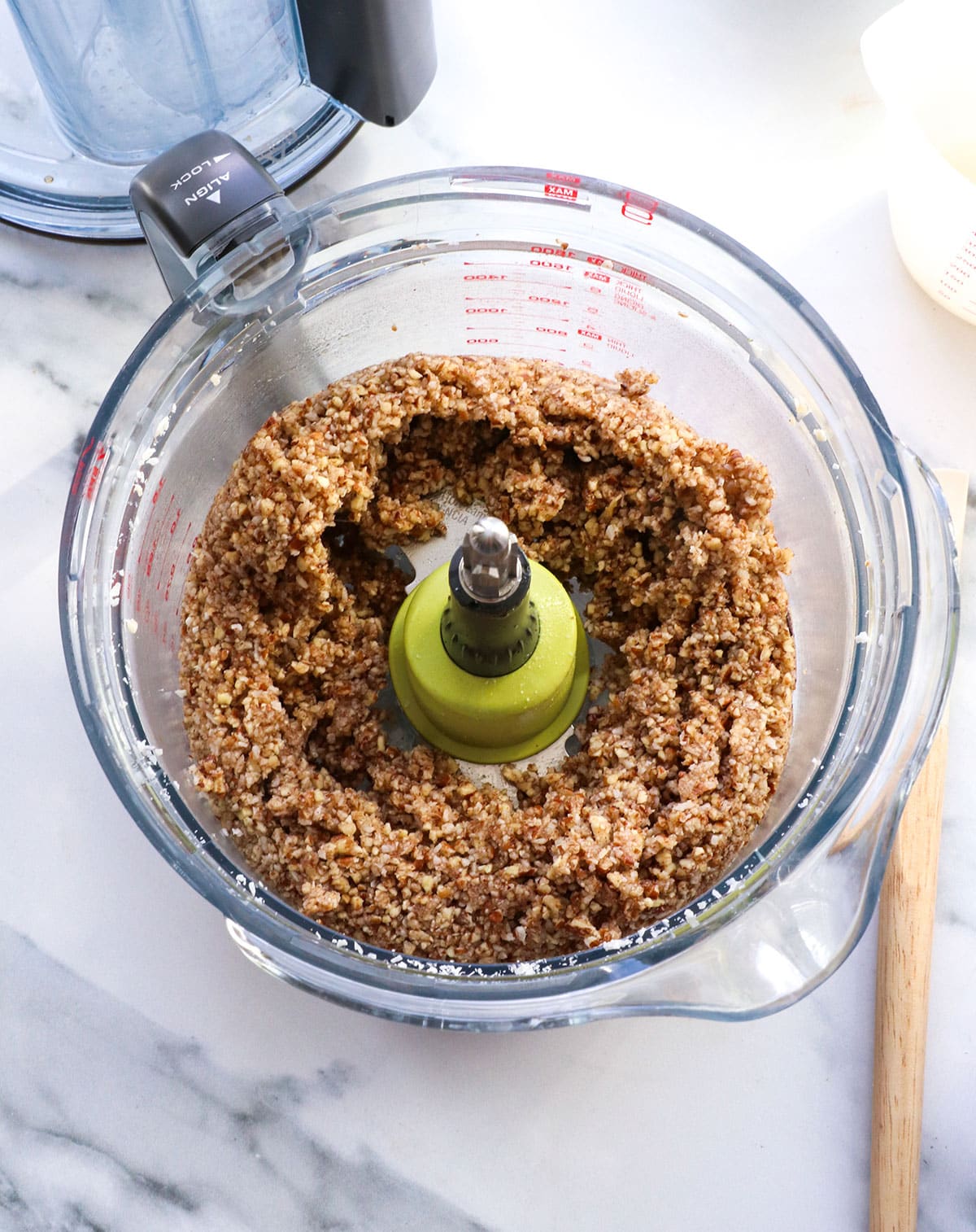 crumble topping for apple crisp processed in a food processor.