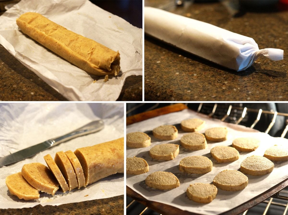 sugar cookie dough being sliced and put on a cookie sheet