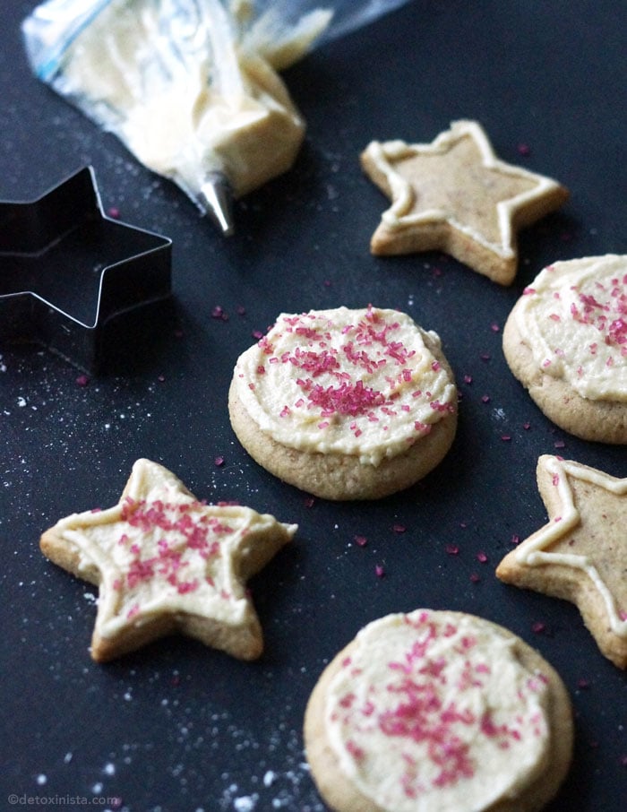 vegan sugar cookies with icing and sprinkles