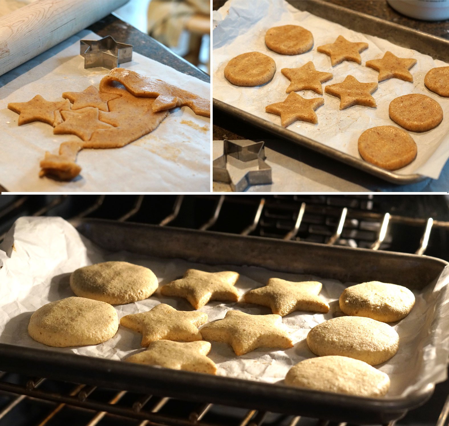 cutting out shapes from sugar cookie dough with a cookie cutter