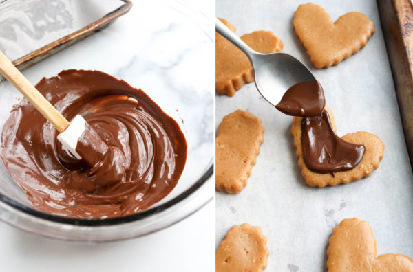 melted dark chocolate spread on hearts