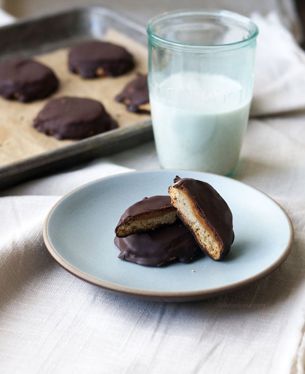 Tagalong Cookies on a plate with a glass of mlilk