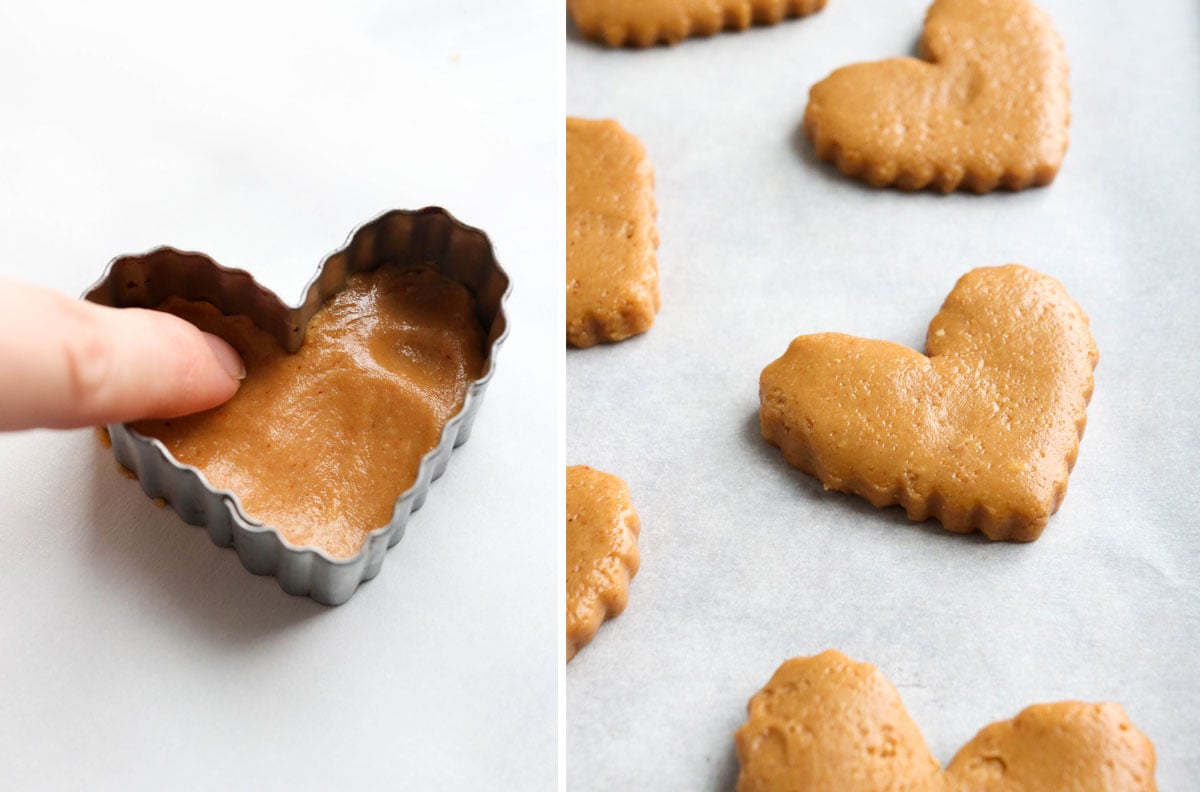 batter pressed into heart shaped cookie cutter