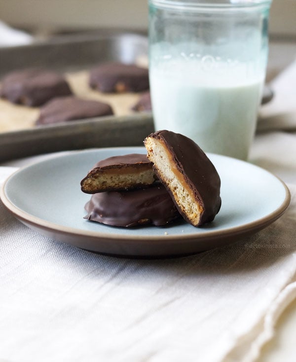 Tagalong Cookies on a plate with a glass of milk
