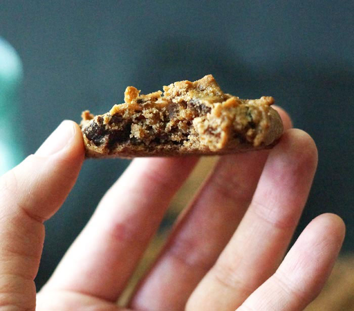 hand holding chickpea chocolate chip cookie with a bite taken out of it