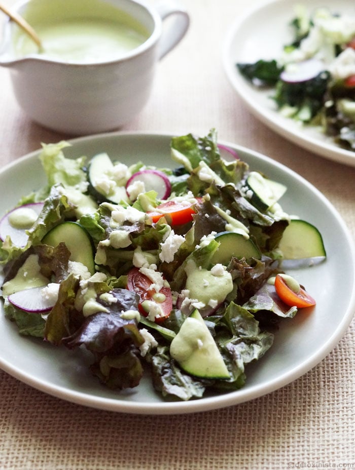 plate of salad with cucumber tahini dressing