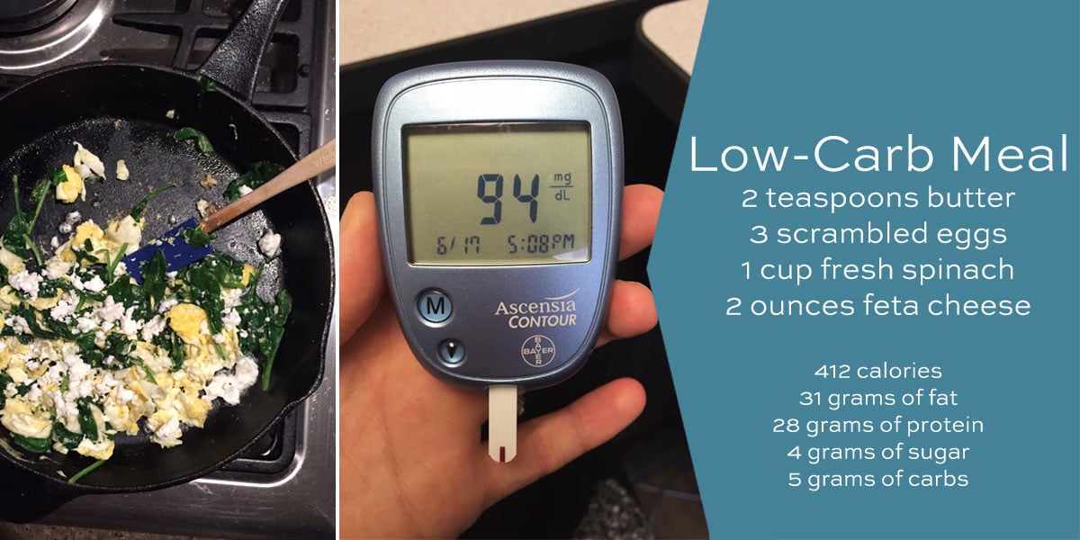skillet with scrambled eggs and testing blood glucose