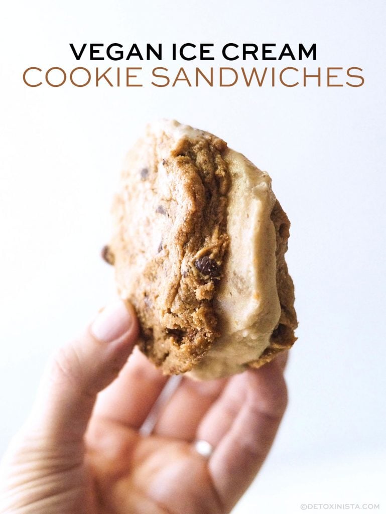 hand holding vegan ice cream cookie sandwich