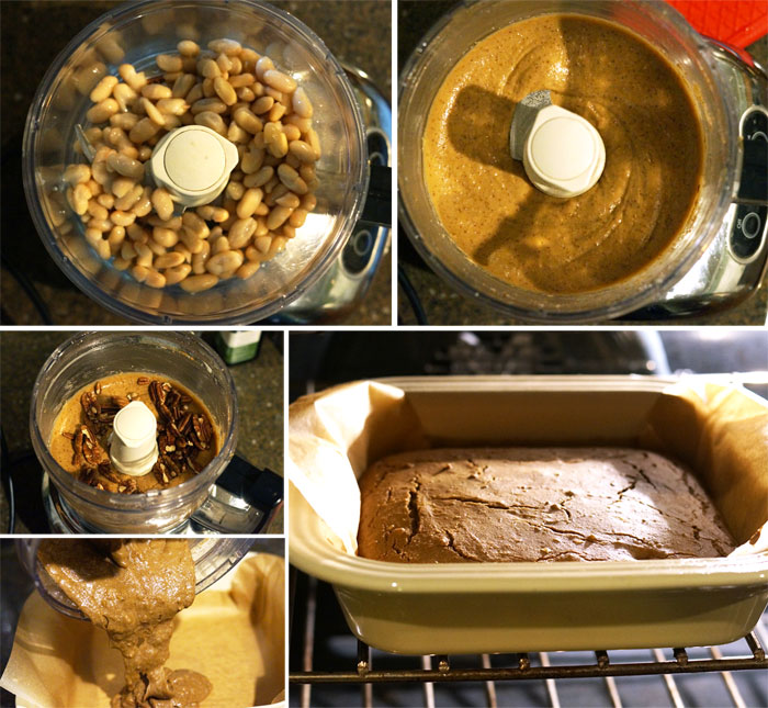 white bean blondie batter in food processor and poured into a baking pan