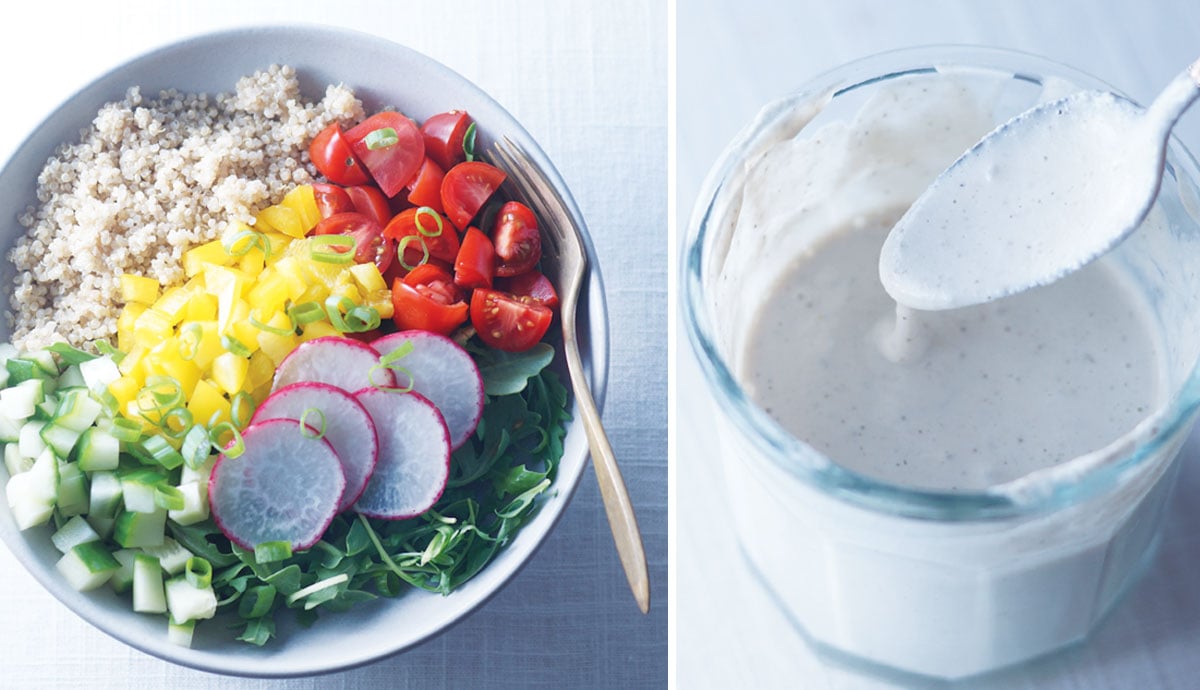 vegan lunch bowl and glass jar with dressing and a spoon