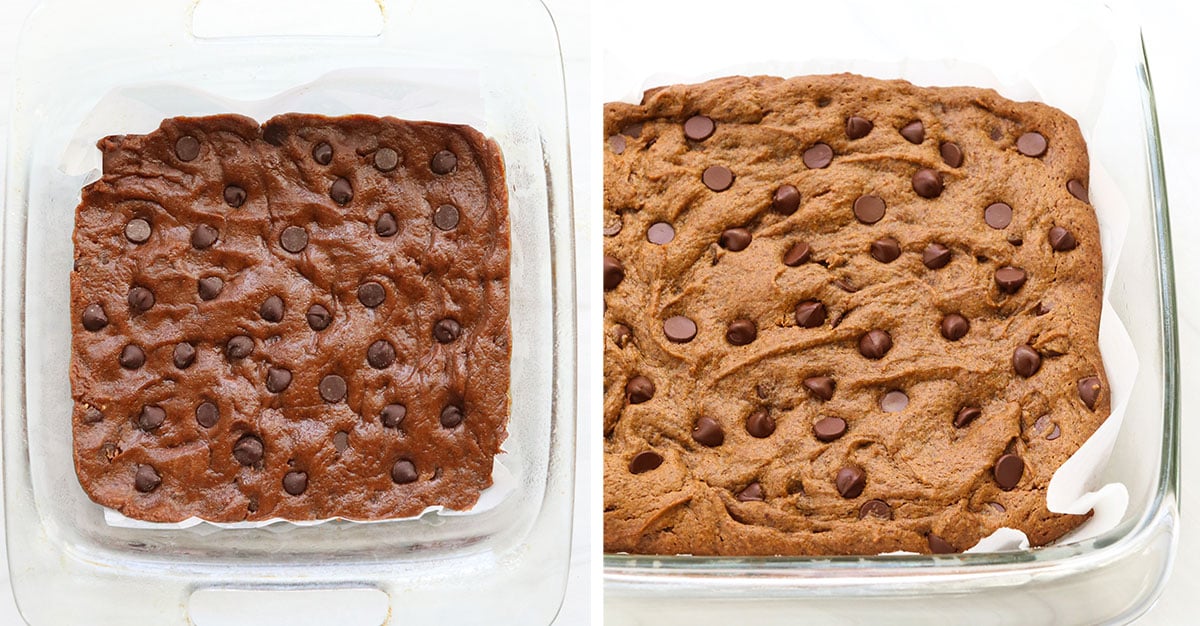 blondies before and after baking in glass dish.