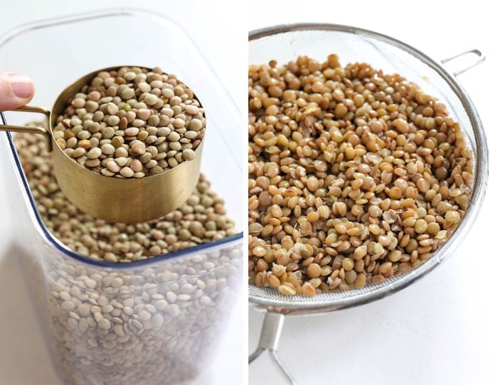 dry lentils and cooked lentils
