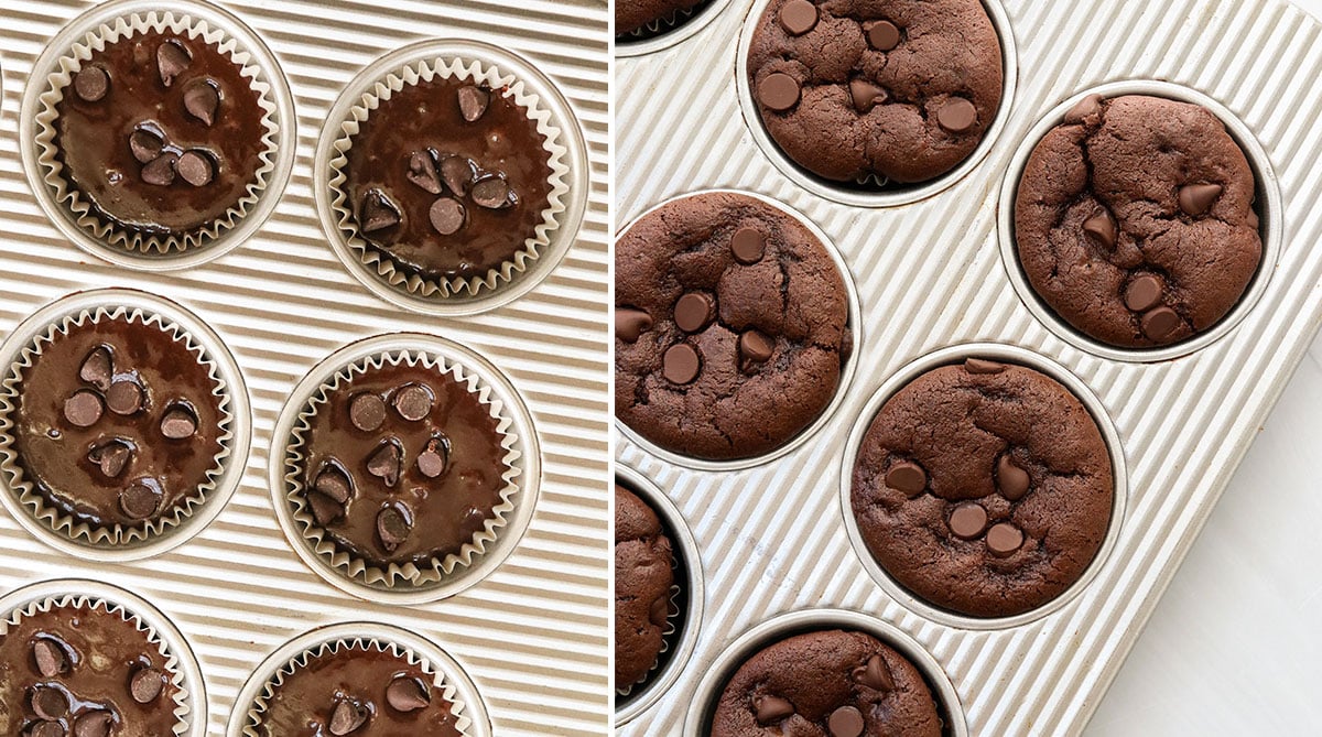 chocolate muffins in the pan before and after baking.