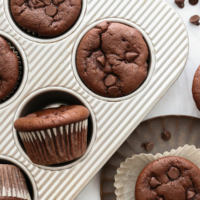 chocolate muffins in pan and on a plate.
