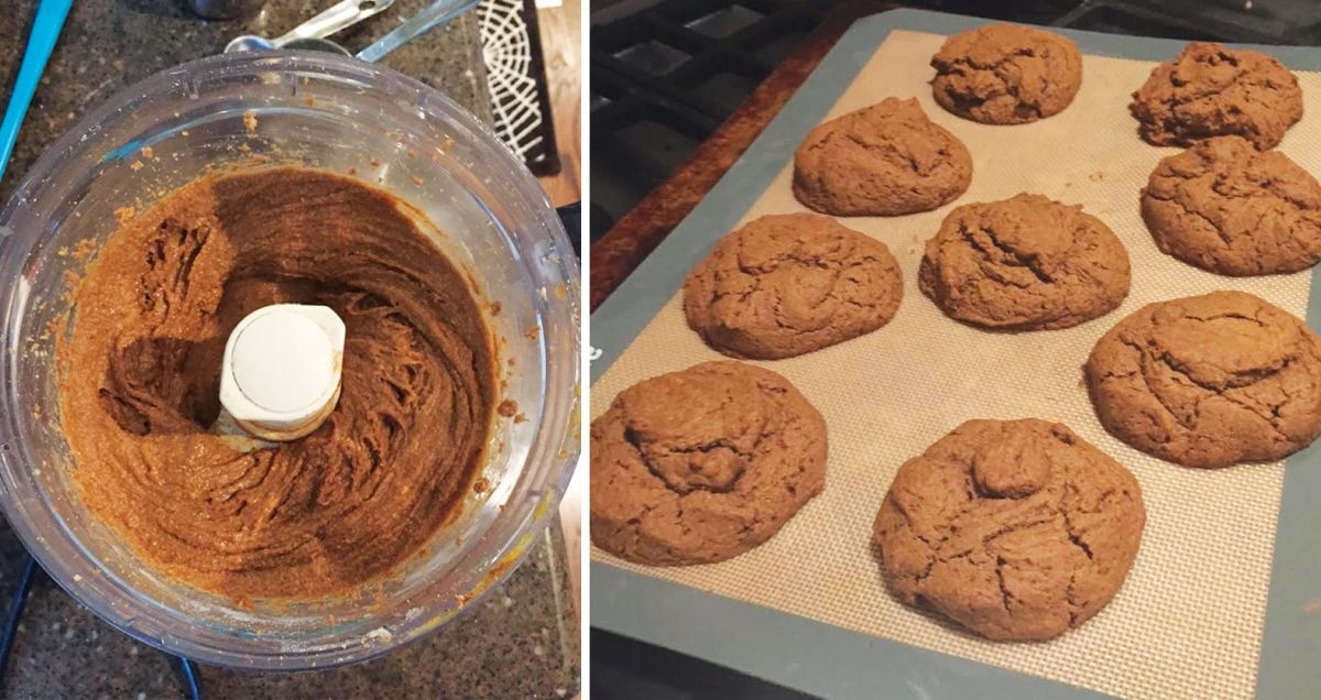 preparing pumpkin scone dough in a food processor and cooking it on a baking sheet