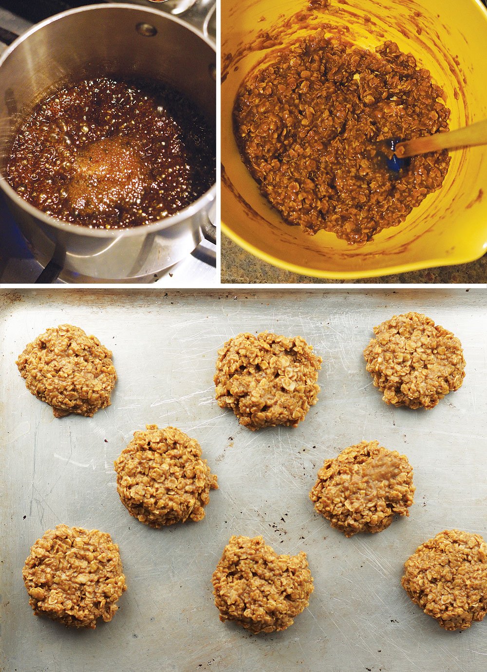 making no-bake spice cookies and putting them on a pan