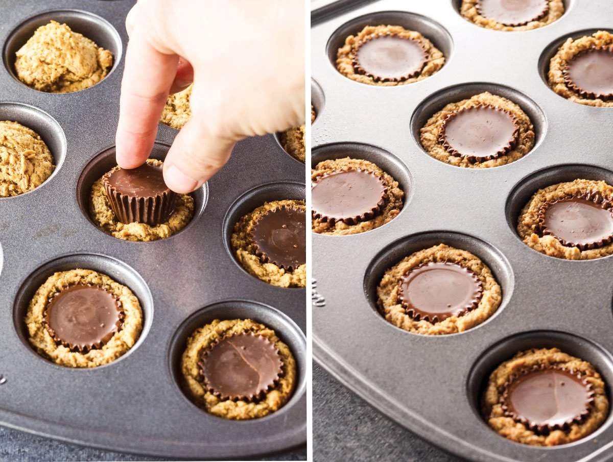 hand putting peanut butter cups into the dough
