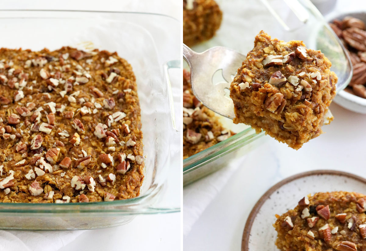 pumpkin baked oatmeal lifted out of pan