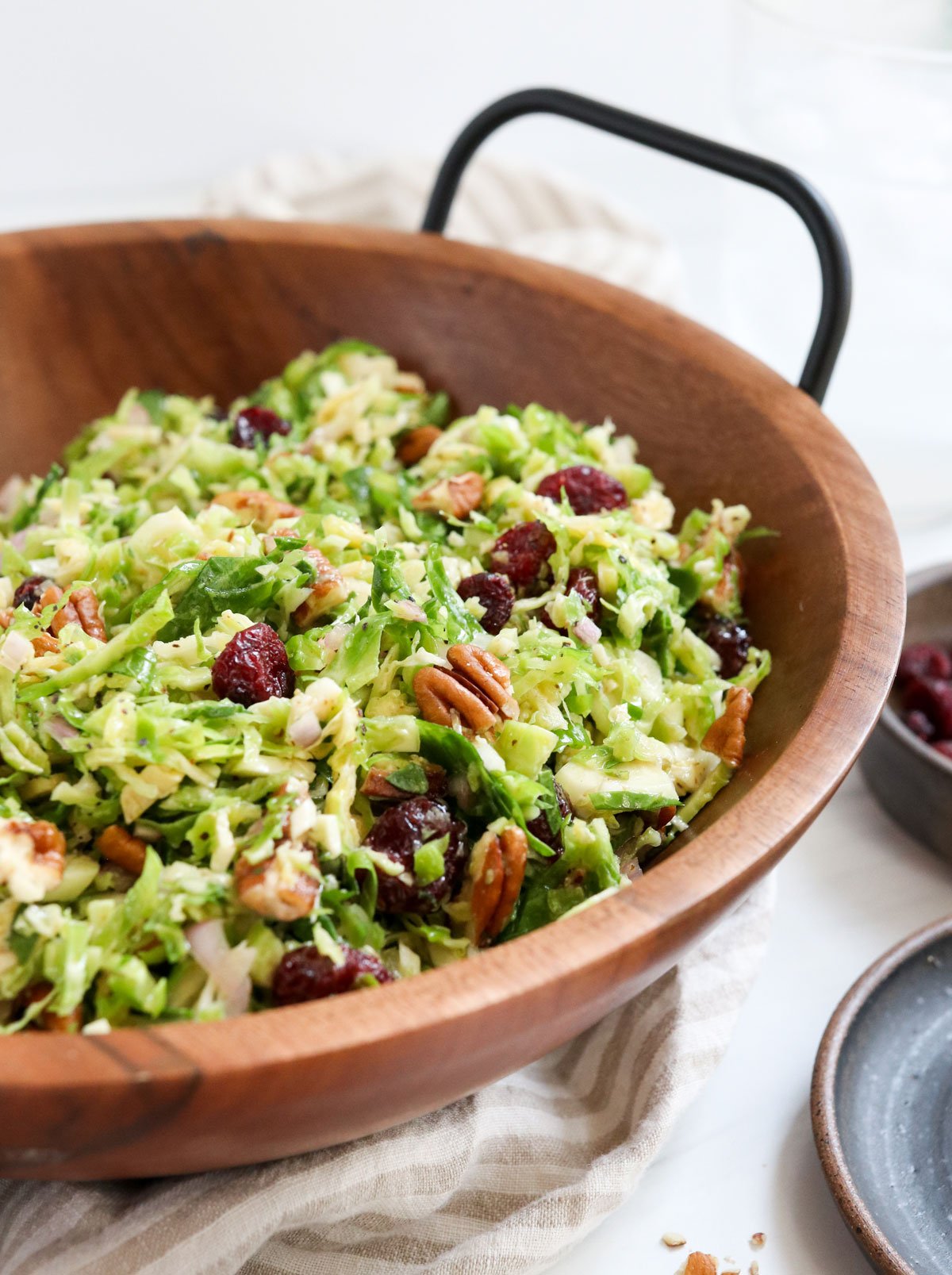 brussels sprouts salad with cranberries and pecans on top
