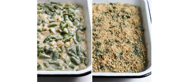 green beans and topping in casserole dish