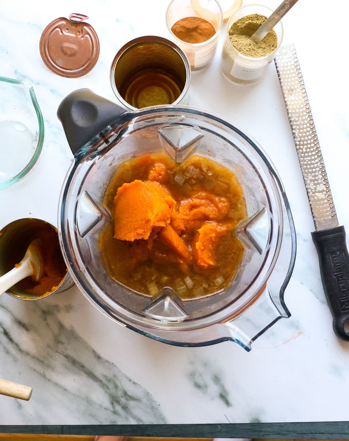 onions, water, pumpkin, and tomatoes added to a blender.