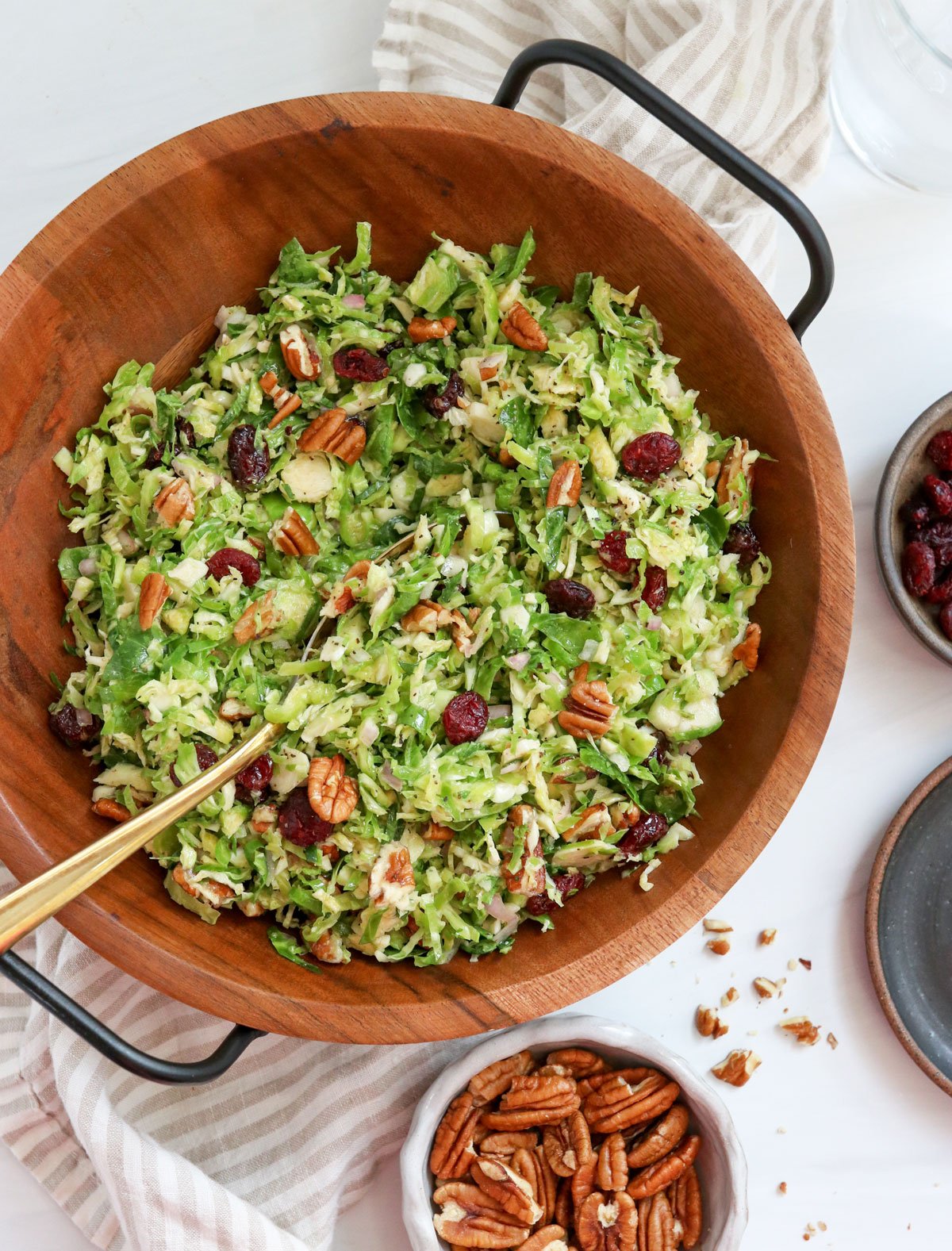 shredded brussels sprouts salad overhead in serving bowl