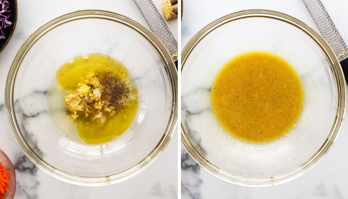 lemon ginger dressing mixed in a glass bowl.