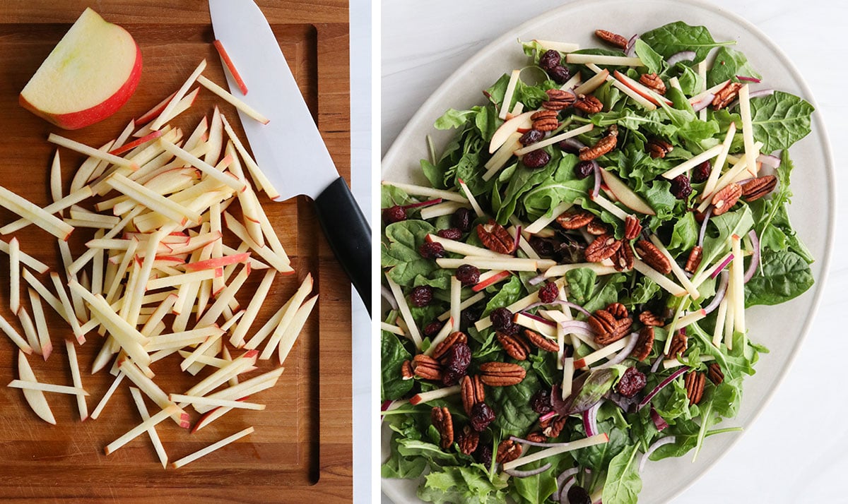 apple cut into matchsticks on cutting board and added to salad.