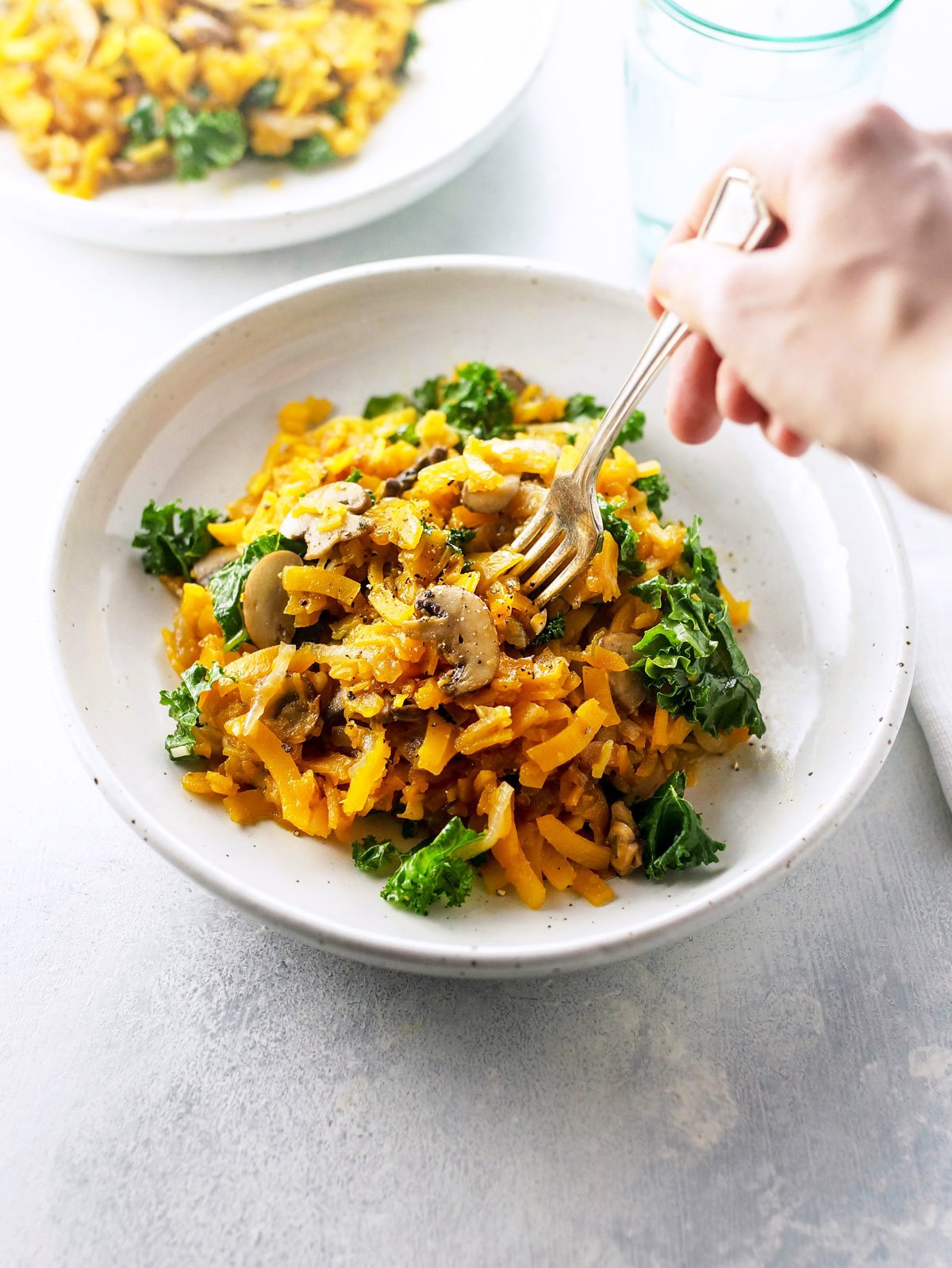 plate of butternut pasta with mushrooms