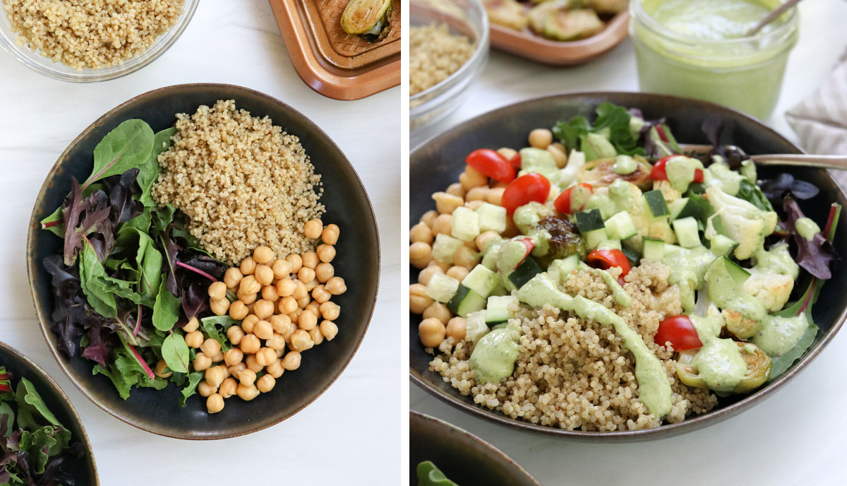 quinoa bowls assembled with toppings and dressing.