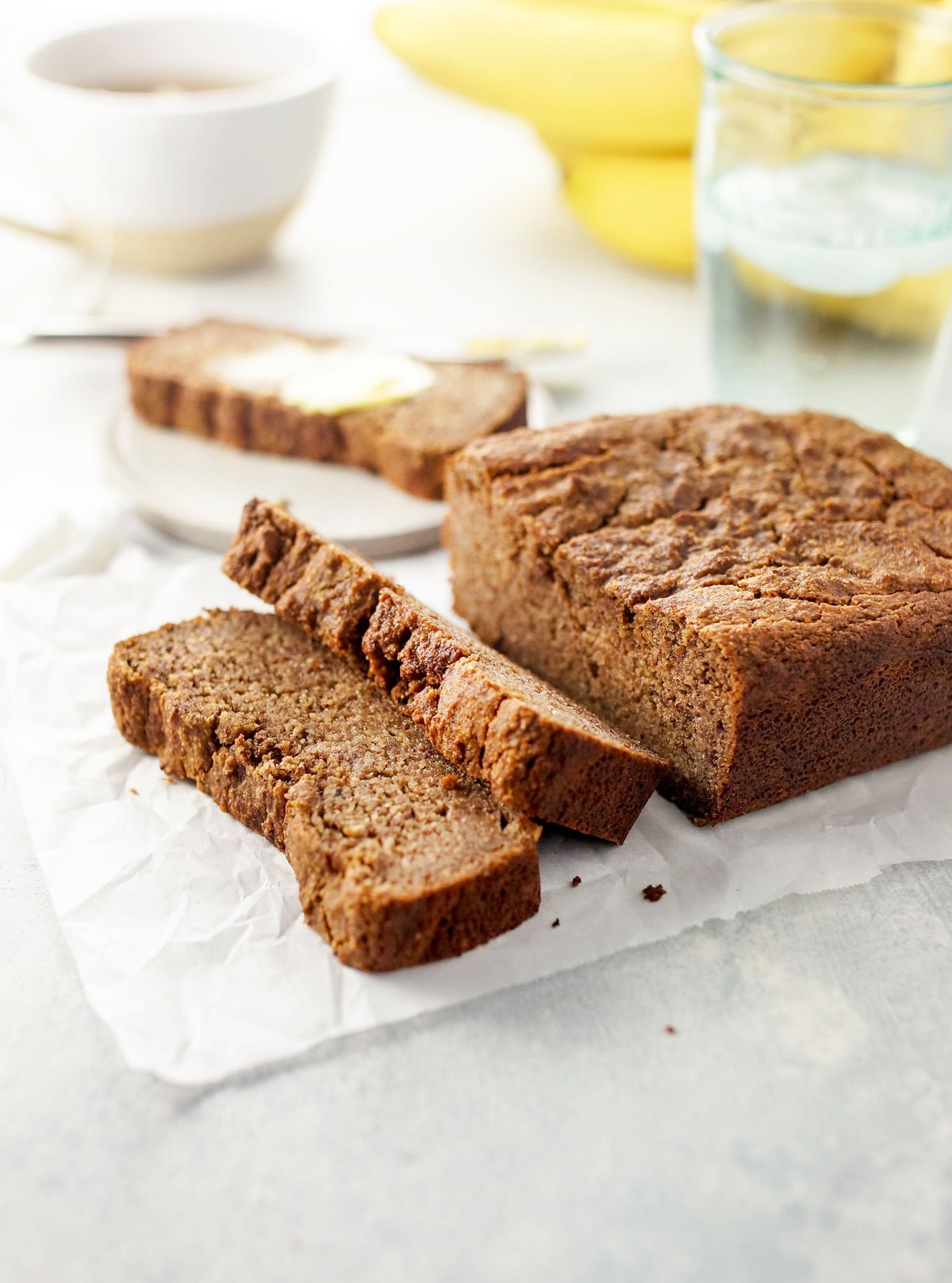 slices of almond flour banana bread from a loaf