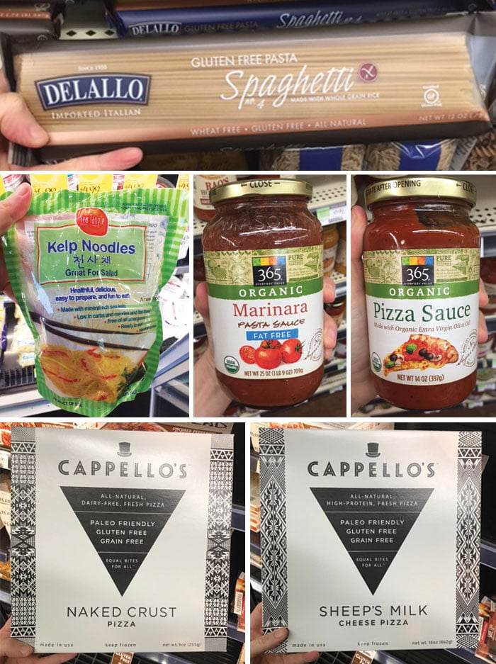 pasta, pasta sauce, pizza sauce, and pizza crust from whole foods