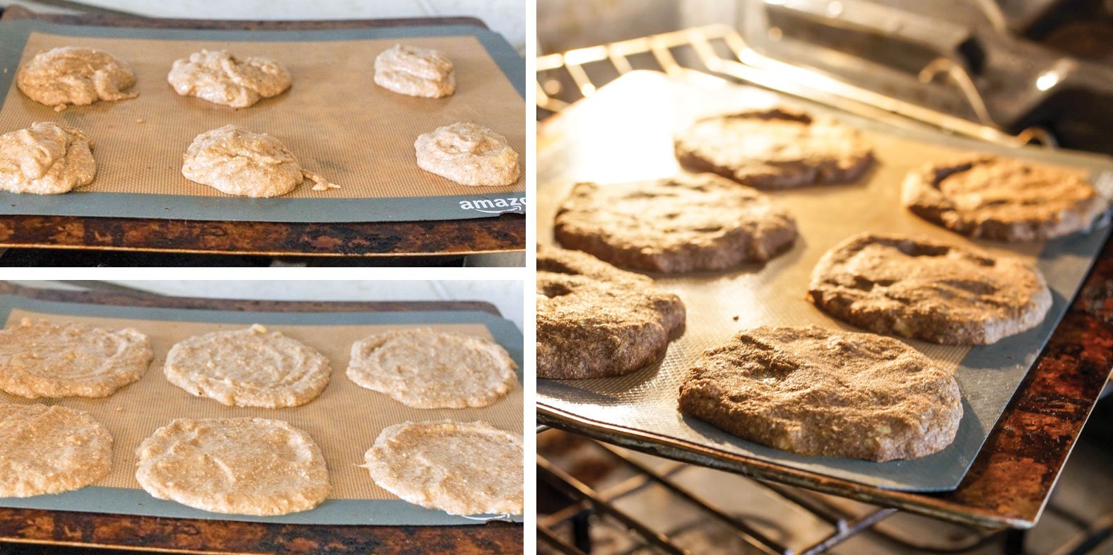 buckwheat pancake batter on a baking sheet being put into the oven