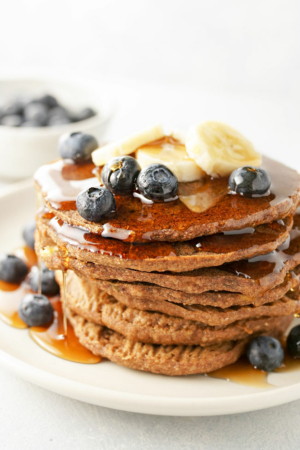vegan buckwheat pancakes with blueberries and banana