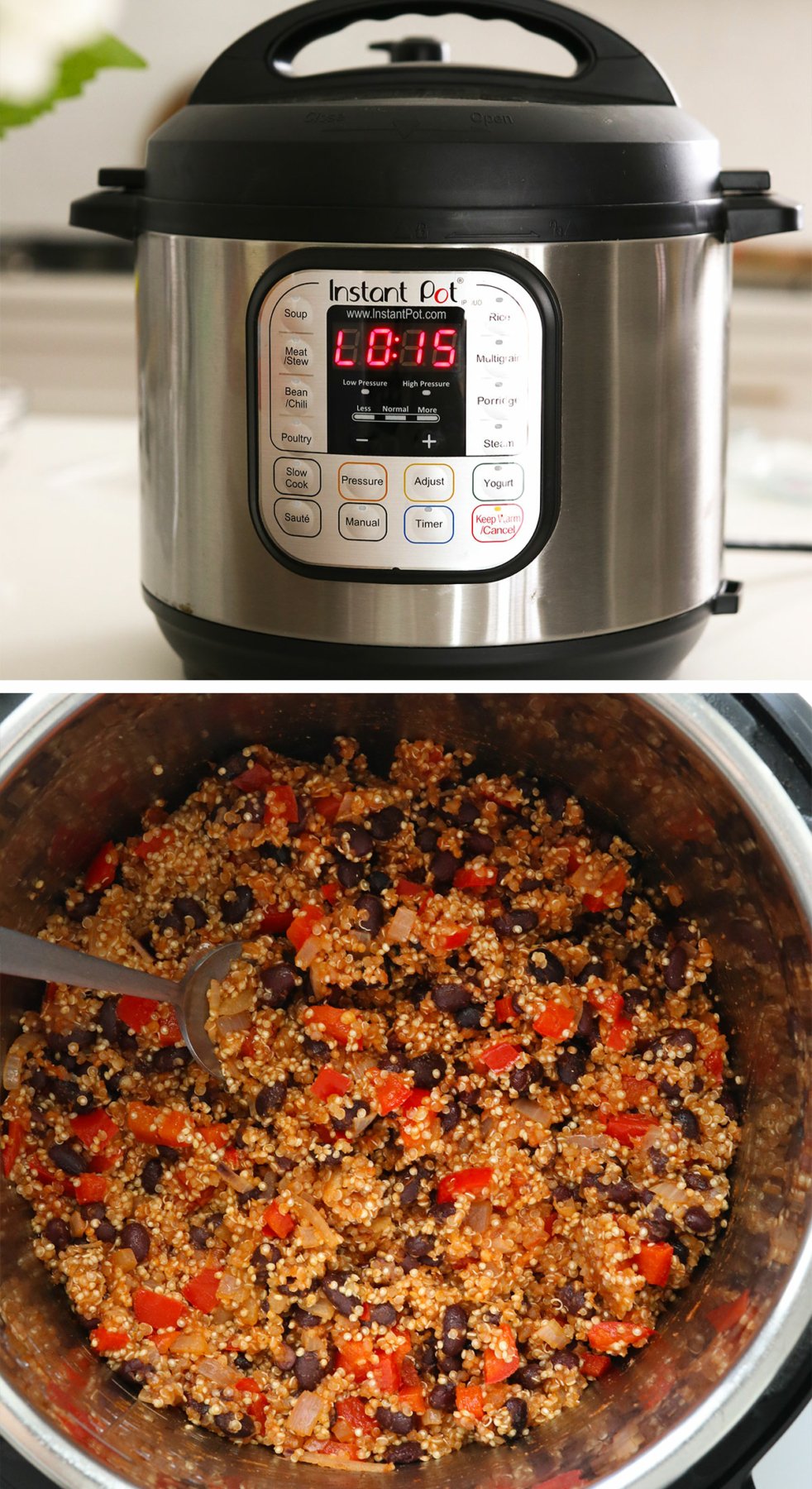 Instant Pot after natural release and cooked quinoa in the pot.
