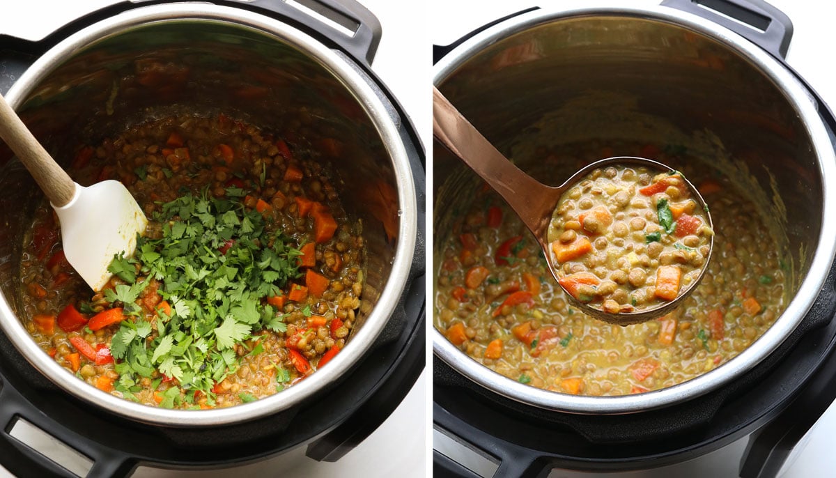 cilantro stirred into the lentil curry and lifted with a ladle.