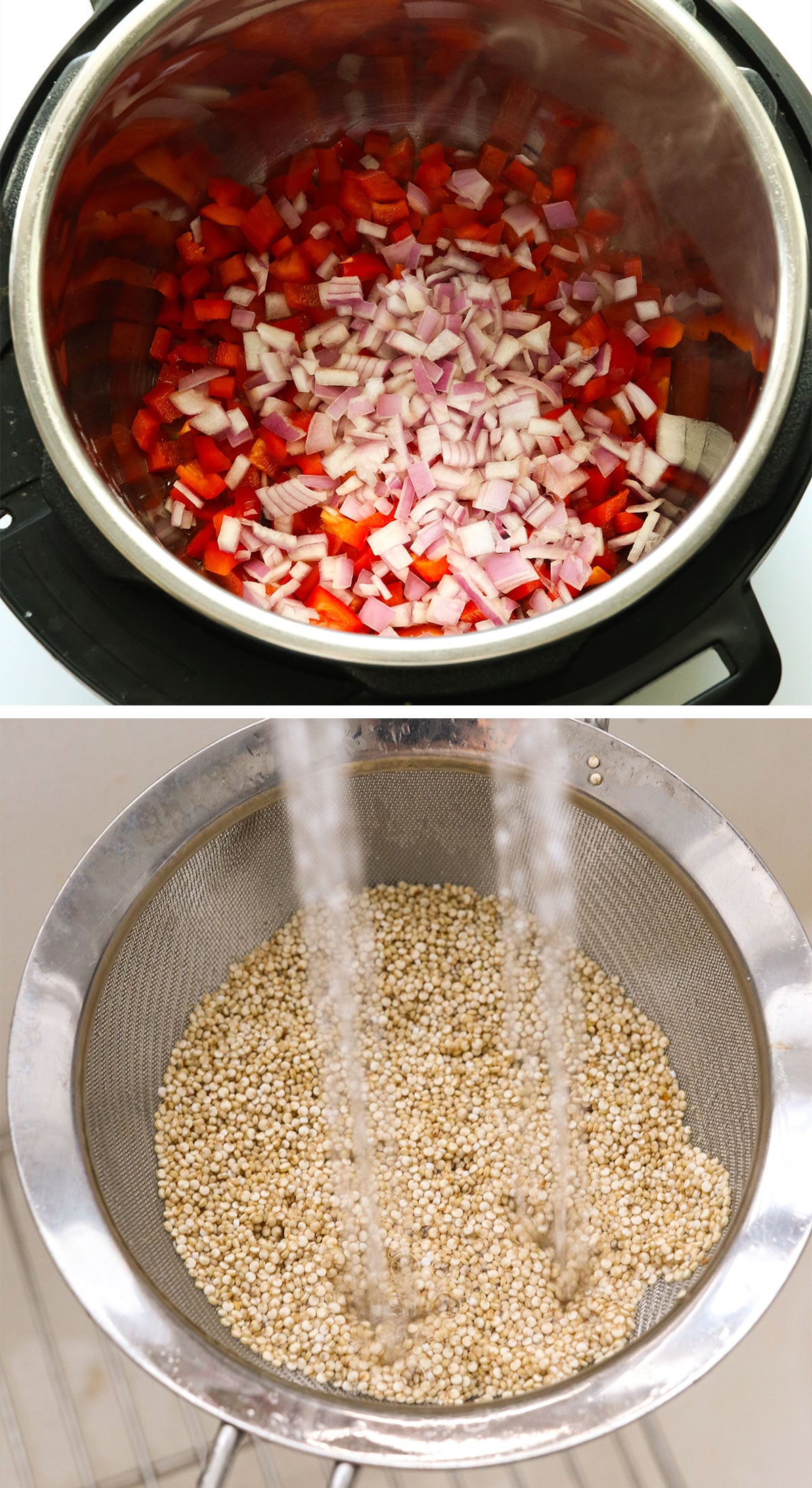 pepper and onion in instant pot and quinoa rinsed in sieve.