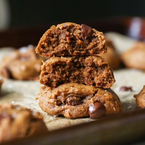 buckwheat cookies split in half and stacked to show the texture inside.