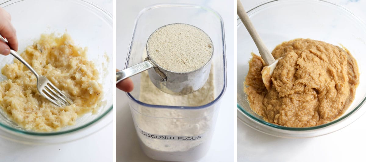 mashed bananas and leveled measurment of coconut flour to make the batter