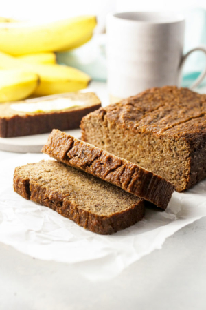 two slices of banana bread cut off loaf