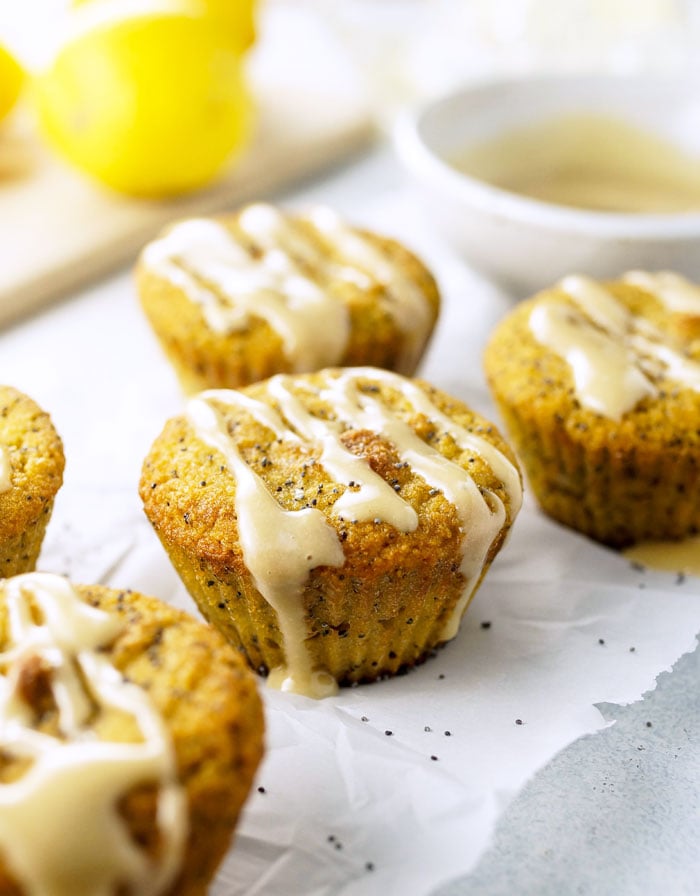 Coconut Flour Lemon Poppy Seed Muffins with Creamy Lemon Icing